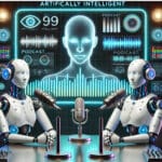 Two humanoid robots sitting at a table with microphones