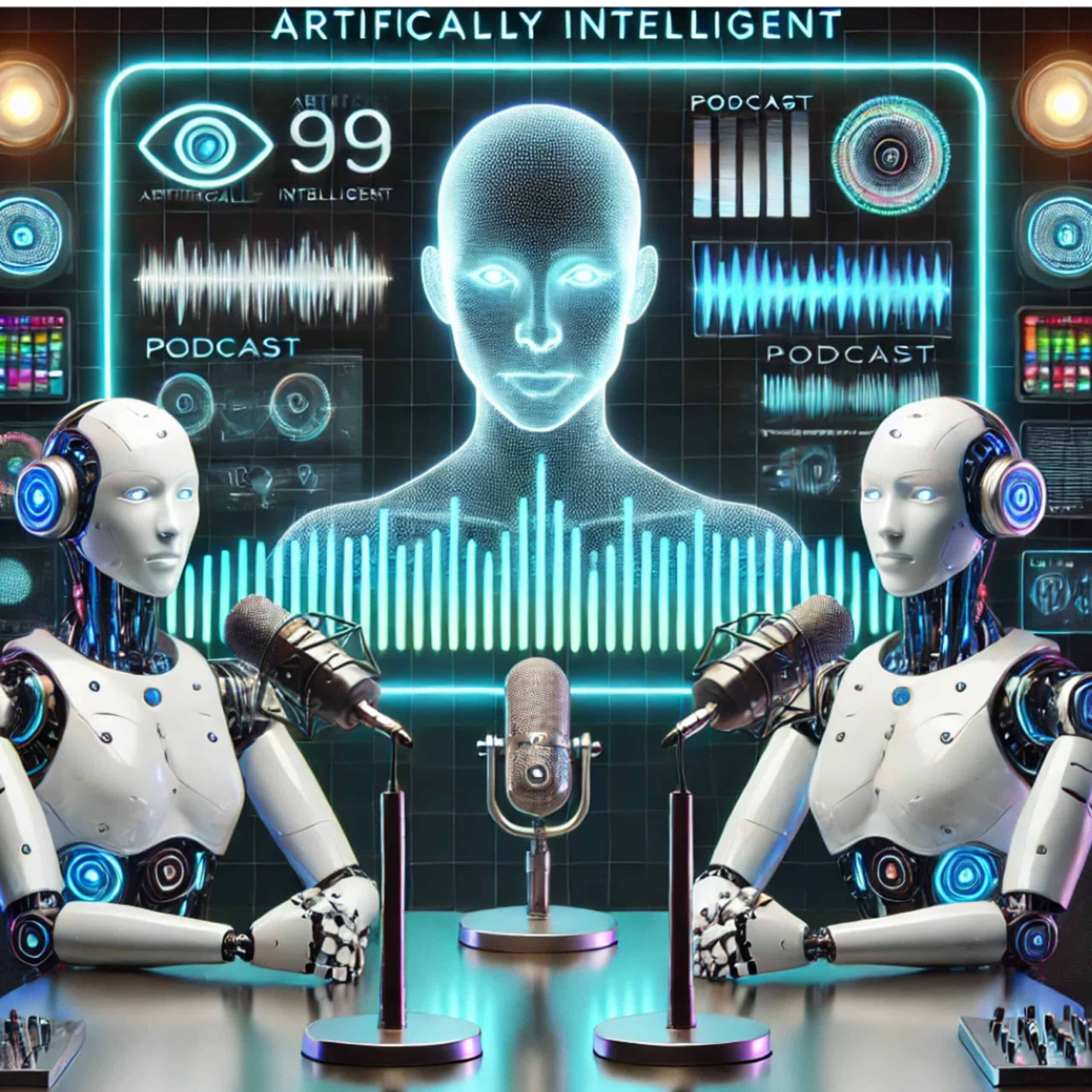 Two humanoid robots sitting at a table with microphones. This image is to represent the concept of artificial intelligence creating a podcast