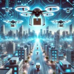 Drones holding packages flying through a city
